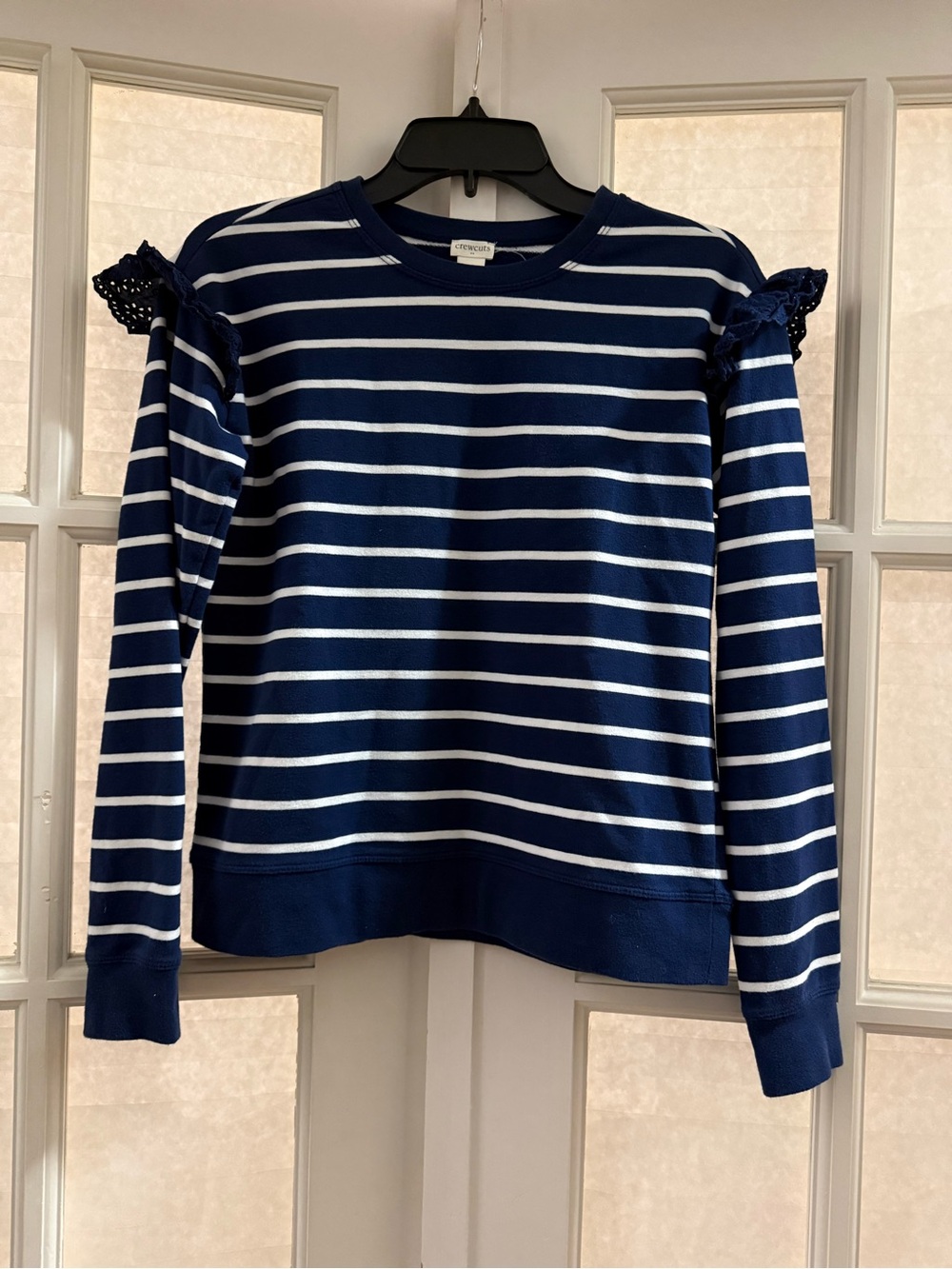 Crewcuts Navy & White Striped Ruffle-Shoulder Sweatshirt